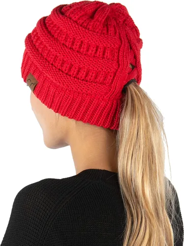 Vista 12 de Funky Junque - Gorro de coleta para mujer – Gorro de invierno con cola de caballo cruzada para mujer, cálidos y lindos gorros de punto con cola
