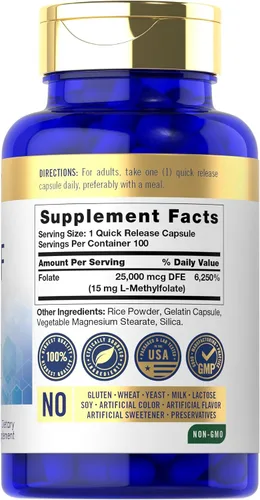 Vista 2 de Carlyle Suplemento 5-MTHF 15mg 100 cápsulas L-metilfolato Sin OMG, sin gluten Calidad premium