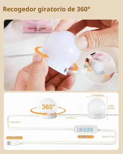 Vista 4 de 10 Bombillas Luces LED de Tocador para Espejo, 3000K 4000K 6500K y 10 Niveles de Brillo, Longitud de Cable Ajustable, Cable USB, Luces de Espejo