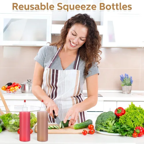 Vista 7 de Jinei Paquete de 60 botellas de plástico de 8 onzas, botellas transparentes para exprimir condimentos con tapa de punta roja, recipiente vacío
