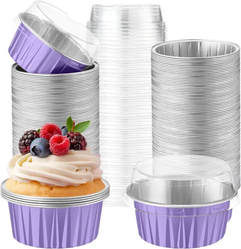 Vista 16 de Paquete de 200 forros de aluminio para cupcakes con tapas, color negro, liso 5 oz Round Baking Cup, Disposable Ramekin Container, Wedding