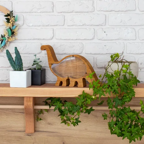 Vista 8 de Alcancía de dinosaurio para niños y niñas, caja de ahorro de dinero duradera y práctica, madera de roble natural con idea de plexiglás transparente
