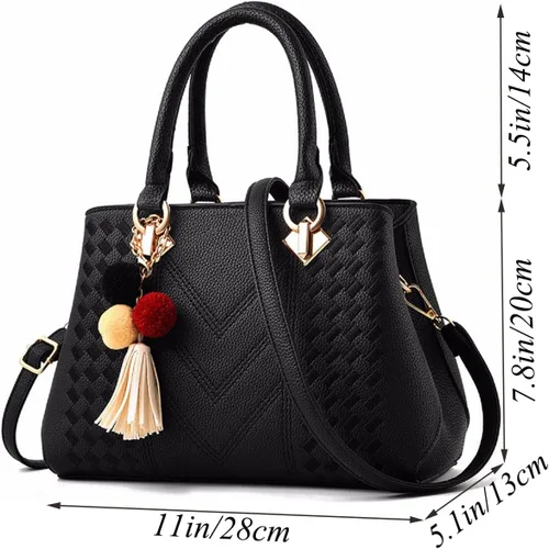 Vista 2 de Bolso de mano de cuero para mujer, bolso de hombro con asa superior, con pompón y borla