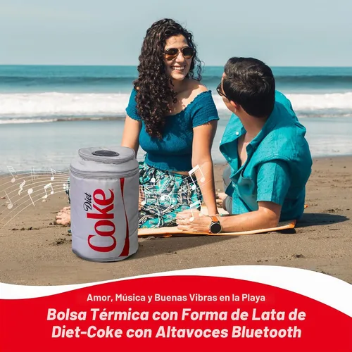 Vista 3 de Bolsa enfriadora con forma de lata de Coca Cola con altavoz Bluetooth, tiempo de reproducción de 5 horas, correas ajustables, cremalleras, tela