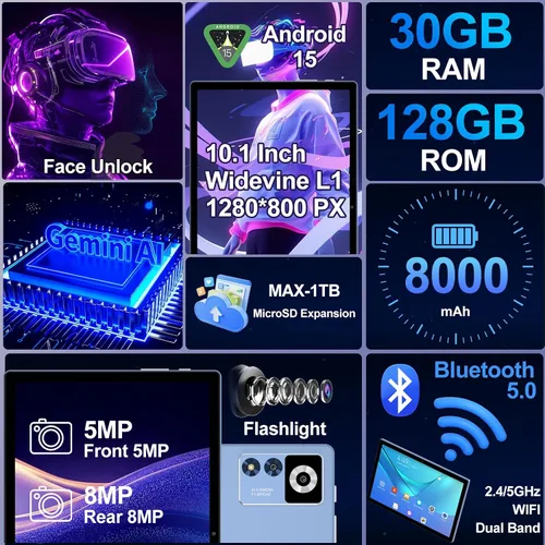 Vista 6 de Tableta Android 15 2026 con teclado Gemini AI, 30 GB+128 GB Tabletas electrónicas Octa-Core con pantalla IPS HD de 10 pulgadas, 8000 mAh, WiFi 5G