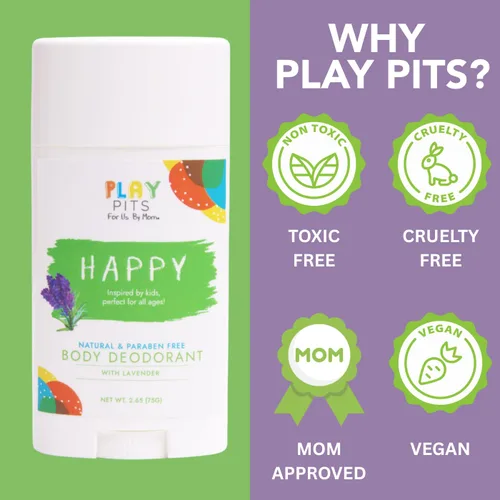 Vista 2 de PLAY PITS - Desodorante infantil para niñas y niños - Natural - Sin sal de aluminio - Seguro para pieles sensibles - HAPPY está infundido