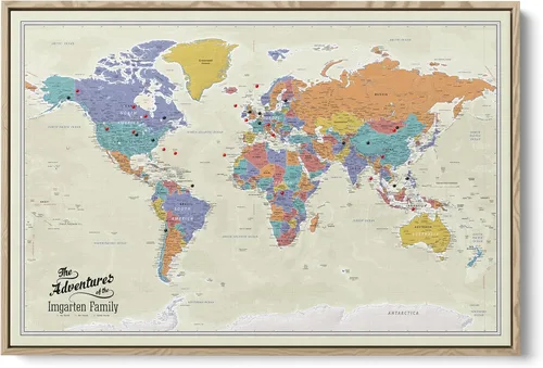 Vista 15 de Lienzo - Mapa de viaje personalizado del mundo Tan Oceans con chinchetas y marco blanco texturizado