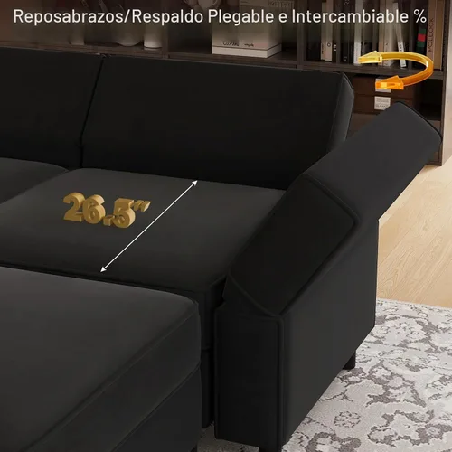 Vista 8 de Belffin Sofá seccional modular con asiento de almacenamiento, sofá grande en forma de U con diván reversible de terciopelo con otomano, color negro
