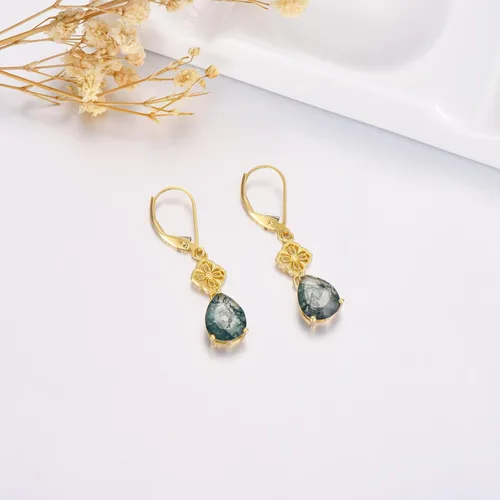 Vista 2 de MUUYON Aretes de ágata musgo natural para mujer, aretes colgantes de oro de 14 quilates con ágata musgo de 0.394 x 0.315 in, regalo de joyería