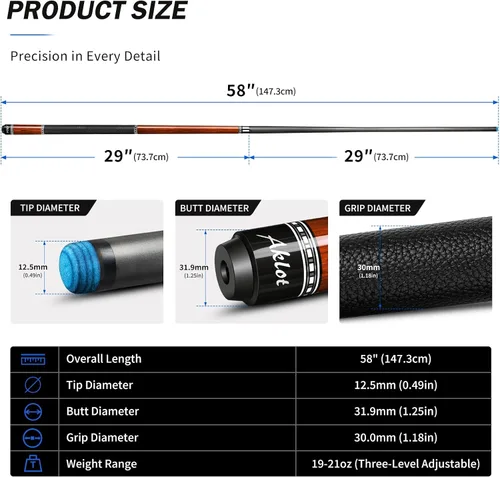 Vista 4 de AKLOT Carbon Fiber Pool Cue Stick, 58”, 19oz, Low Deflection Pro Billiard Stick, 12.5mm Tip, Maple Butt & Buffalo Leather Grip Weight Adjustment