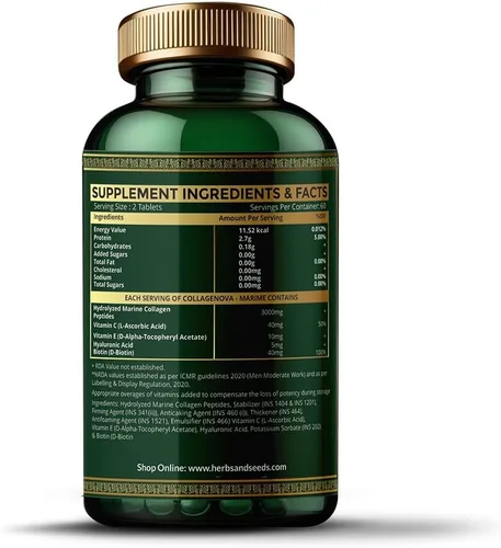 Vista 2 de Herbs & Seeds Píldoras de colágeno marino para mujeres y hombres, 120 cápsulas Tipo I, II, III, V, X - Péptidos de colágeno hidrolizados