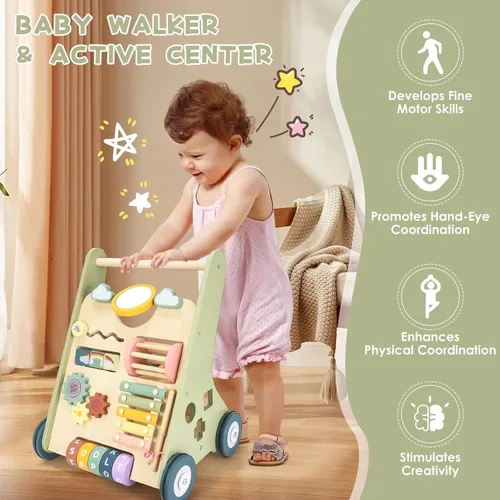 Vista 5 de Andador de madera para bebés, Montessori Push Walker para bebés de 10 a 12 Andador de bebé con centro de actividad, velocidad ajustable, juegos Verde