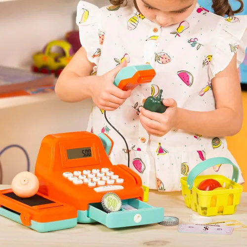 Vista 11 de Battat Kids - Caja registradora con escáner y sonidos, juego de 26 piezas Pretend play shopping set with calculator, light-up scanner, play money