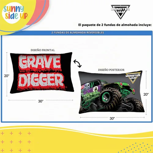Vista 3 de Sunny Side Up Monster Jam Grave Digger - Juego de 2 fundas de almohada reversibles, fundas de almohada de doble cara, ropa de cama para niños súper