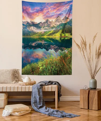 Vista 13 de Ambesonne Tapiz de paisaje, lago y pico glaciar nevado en Estados Unidos, ilustración de bosque de pinos altos, colgante de pared para dormitorio