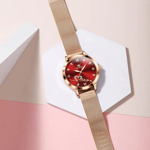 Vista 2 de OLEVS - Reloj de oro rosa para mujer con correa de malla, estilo de moda, diseño de corazones, de cuarzo japonés, resistente al agua, luminiscente