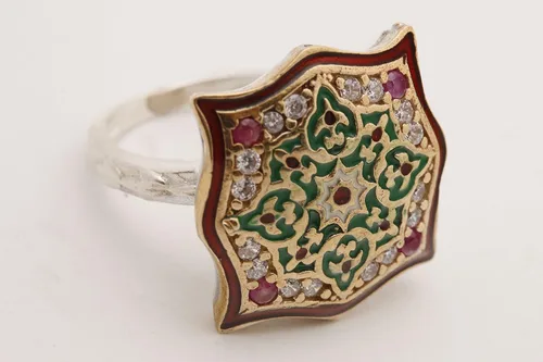Vista 4 de Motif Style Turkish Handmade All Authentic Jewelry Red Enamel Round Cut Ruby Topaz 925 Sterling Silver Ring Size All