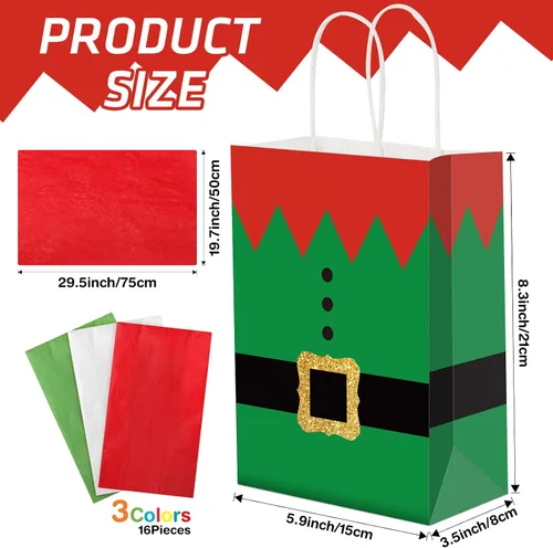 Vista 2 de Blulu 16 piezas de bolsas de regalo de papel para Navidad, elfos de Navidad con impresión de traje de elfo, bolsas de fiesta de Navidad con asa