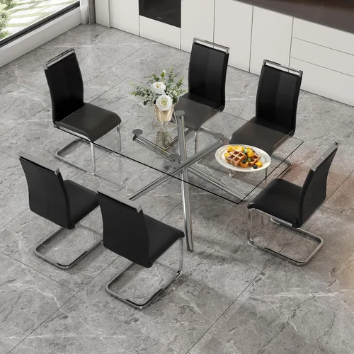 Vista 16 de Juego de 6 mesas de comedor de cristal, moderno juego de mesa de comedor de vidrio templado rectangular transparente de 71 pulgadas y 6 sillas