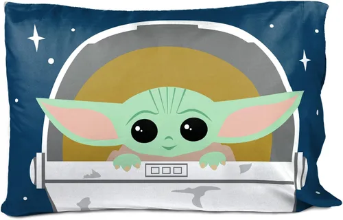 Vista 2 de Star Wars Mandalorian Grogu Baby Yoda - Funda de almohada reversible para niños, color azul 20 x 30 pulgadas, producto oficial, microfibra suave