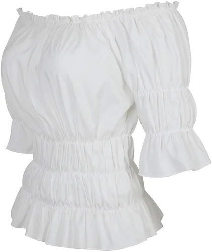 Vista 2 de Blusa renacentista para mujer, estilo victoriano, steampunk, pirata, hombros descubiertos, manga corta, blusa fruncida