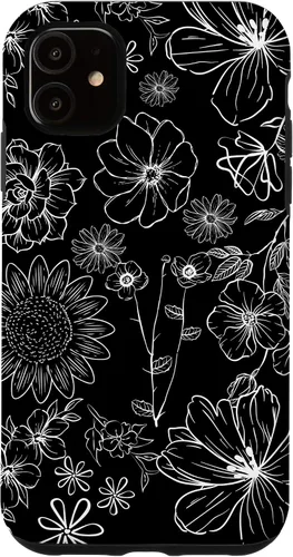 Vista 6 de iPhone 12 Mini - Funda floral de primavera con patrón de flores silvestres en blanco y negro
