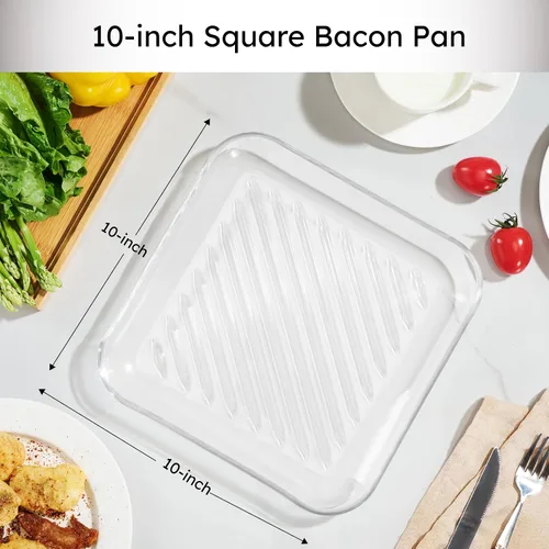Vista 3 de Sartén para microondas, bandeja de tocino de microondas de vidrio de 10 pulgadas para calentar alimentos y hacer tocino crujiente, cuadrado