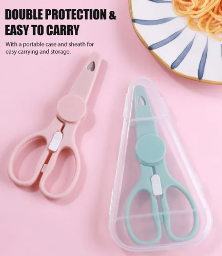 Vista 5 de Tijeras de comida para bebés, tijeras de cocina - Paquete de 2 tijeras portátiles saludables y lindas para niños con bloqueo de seguridad y estuche