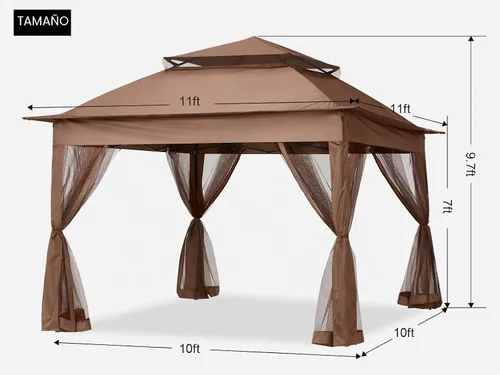 Vista 2 de Mastercanopy - Glorieta desplegable para exteriores con paredes de malla (11 x 11, marrón) Poliéster 180D, UPF 50+, impermeable, techo ventilado