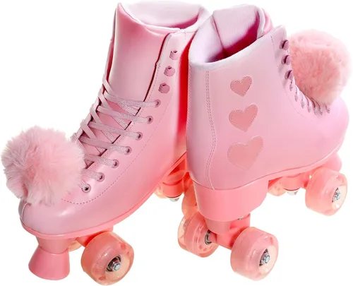 Vista 5 de Patines de ruedas para mujer, patines de piel sintética de alta calidad, cuatro ruedas rosadas brillantes de doble fila, patines cuádruples
