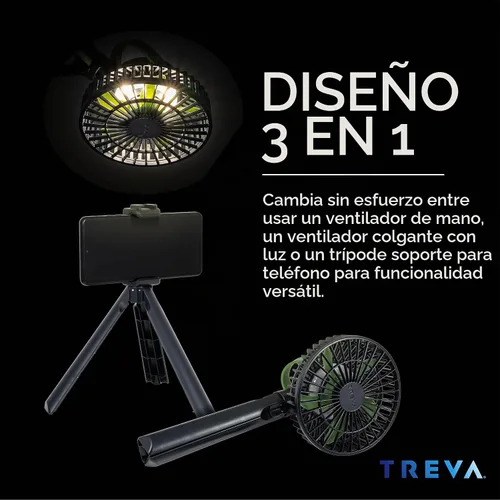 Vista 2 de Treva - Ventilador de trípode de 5 pulgadas con luz y soporte para teléfono recargable de 3 velocidades