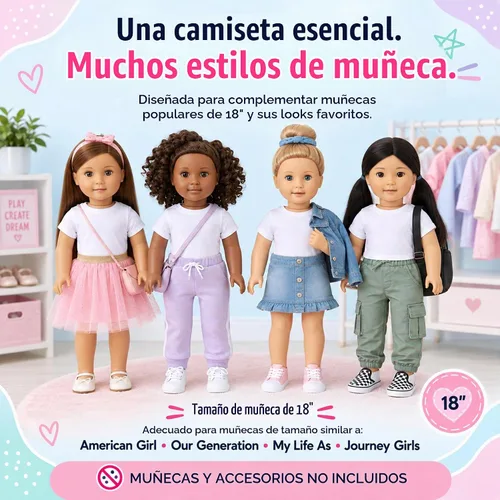 Vista 3 de Emily Rose Paquete de 5 camisetas de primera calidad para muñecas de 18