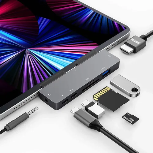 Vista 8 de Adaptador de concentrador USB C para iPad Pro con HDMI 4K, conector de 0.138 in, 2 USB 3.0, PD 60W, datos USB C, ranura para tarjeta SD/TF