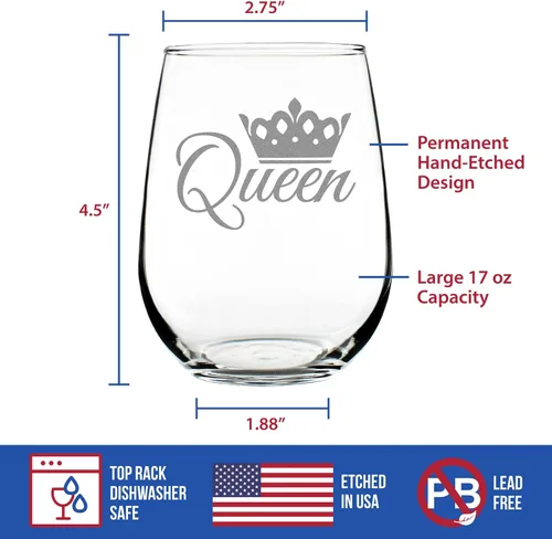 Vista 4 de Custom Queen – Funny Personalized Stemless Wine Glass, Large Glasses, Etched Sayings, Gift Box - Customized Wine Glass Gift