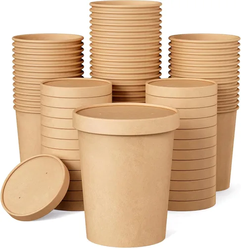 Vista 10 de 50 paquetes de envases de sopa de papel de 8 onzas con tapas, tazas de papel desechables para comida, tazas de helado, almacenamiento de alimentos