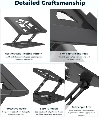 Vista 7 de Soporte ajustable para laptop de escritorio - Elevador portátil para laptop con base giratoria, soporte plegable de aluminio para computadora