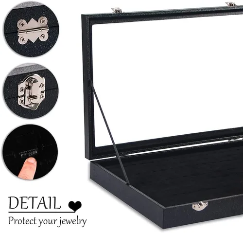 Vista 3 de Coward Joyero organizador de anillos, caja de terciopelo negro con 100 ranuras para anillo, bandeja de exhibición con tapa de vidrio transparente