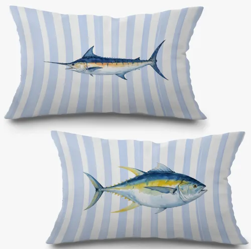 Vista 9 de Fundas de almohada costeras de langosta, fundas de almohada náuticas de langosta roja de Nueva Inglaterra con rayas azules y blancas para casa