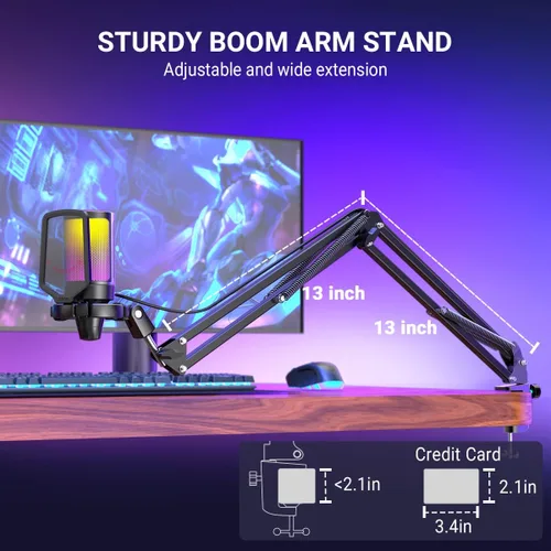 Vista 8 de FIFINE Gaming PC USB Microphone, Podcast Condenser Mic with Boom Arm, Pop Filter, Mute Button for Streaming, Twitch, Online Chat, RGB Computer Mic