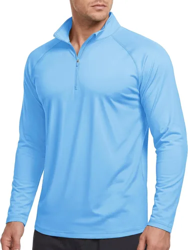 Vista 18 de CRYSULLY Camiseta de manga larga con cremallera de 1/4 para hombre, con protección solar, pullover UPF 50+, rash guard para correr, camiseta ligera