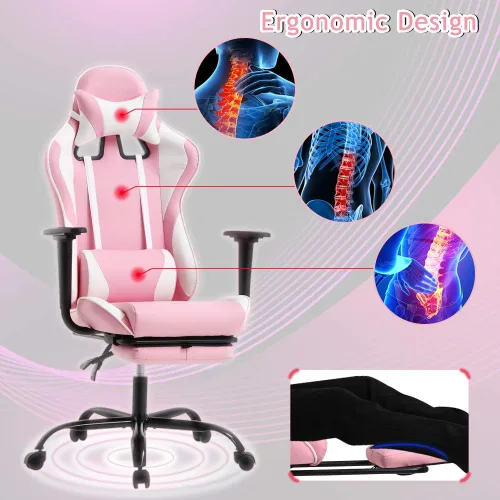 Vista 4 de Silla de oficina para videojuegos, silla de ordenador de respaldo alto, ergonómica para PC con soporte lumbar y reposapiés retráctil, de piel