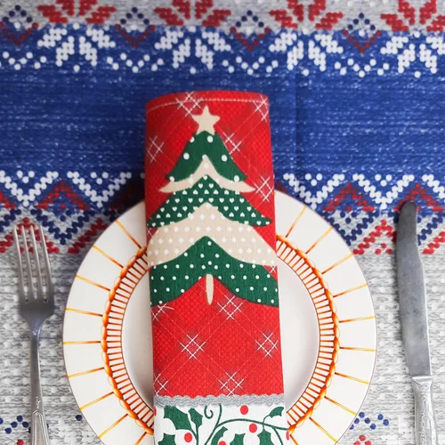 Vista 7 de Christmas Print Napkins Set of 10, Red and Green Christmas table decor, fabric dinner table napkins with Christmas Simbols, Farmhouse Christmas
