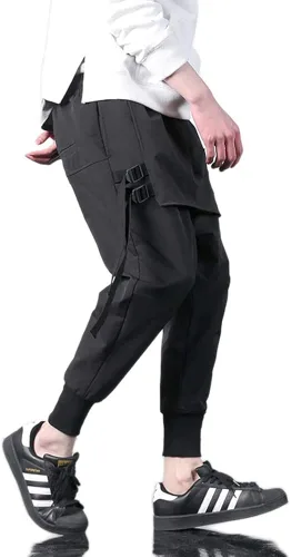 Vista 2 de RLJT JIN Pantalones de harén de cintura elástica para hombre, pantalones deportivos elásticos de hip hop con cordón, pantalones holgados de ajuste