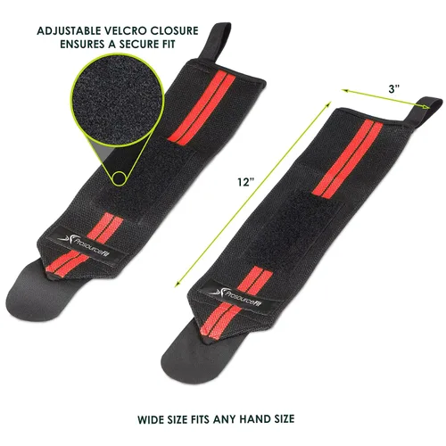 Vista 2 de ProsourceFit Par de muñequeras para levantamiento de pesas con barra con lazo para el pulgar, color rojo
