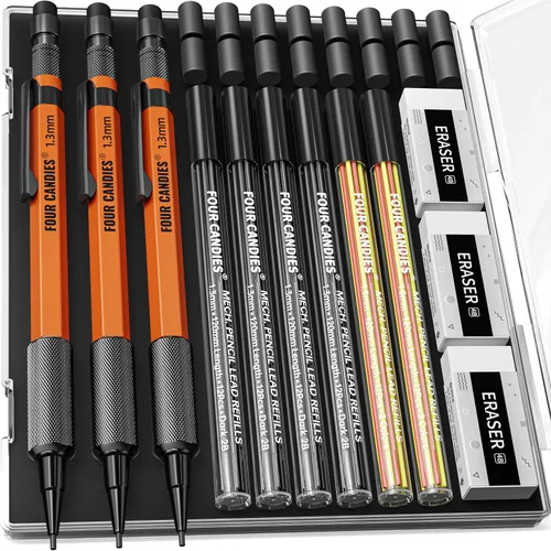 Vista 16 de Four Candies Juego de lápices mecánicos de 1.3mm con 24 repuestos de plomo, lápiz de carpintero de metal resistente a la intemperie para uso pesado
