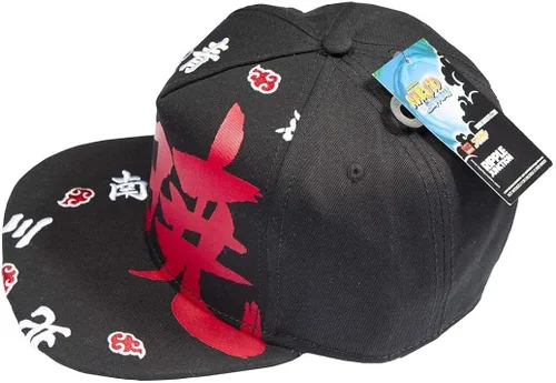 Vista 3 de Ripple Junction Naruto Shippuden Adulto Unisex Akatsuki Kanji Ring Flat Bill El Snapback Sombrero NegroRojo