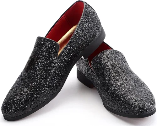 Vista 5 de Haza Pairs Pantuflas brillantes para hombre, con lentejuelas metálicas, con textura, esmoquin con purpurina, mocasines de graduación, zapatos