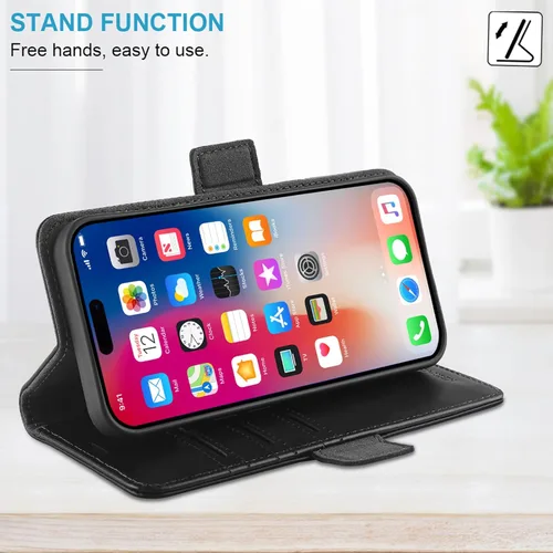 Vista 5 de KEZiHOME Funda de piel auténtica compatible con iPhone 16, con bloqueo RFID, con soporte para tarjetas, función atril magnético, funda protectora