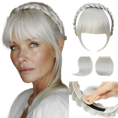 Vista 9 de SARLA Diadema trenzada con 3 flequillos desmontables con clips, extensiones de cabello con flequillo para mujer, banda de cabello sintética falsa