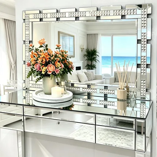 Vista 7 de Chende Espejo grande de sala de estar de 28 x 40 pulgadas para decoración, espejo de pared decorativo de cristal con borde biselado y marco